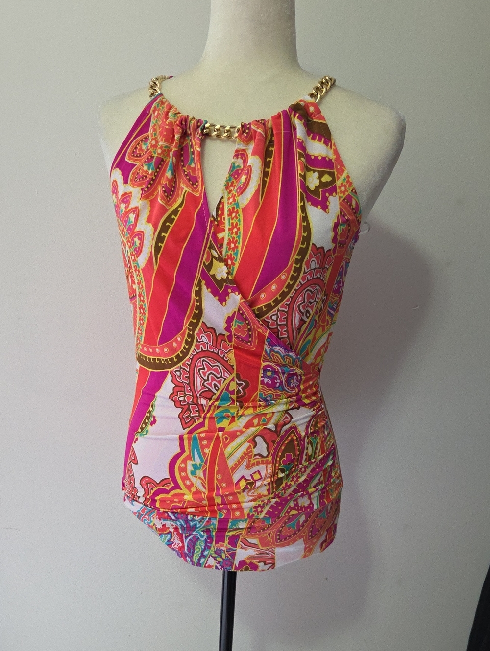 Vintage Cache Pink & Multi Paisley Chain-Neck Halter Camisole